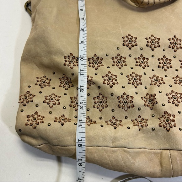 Errelleventidue Beige Italian Leather Handbag Tote Floral Print Studs Large - Picture 9 of 13